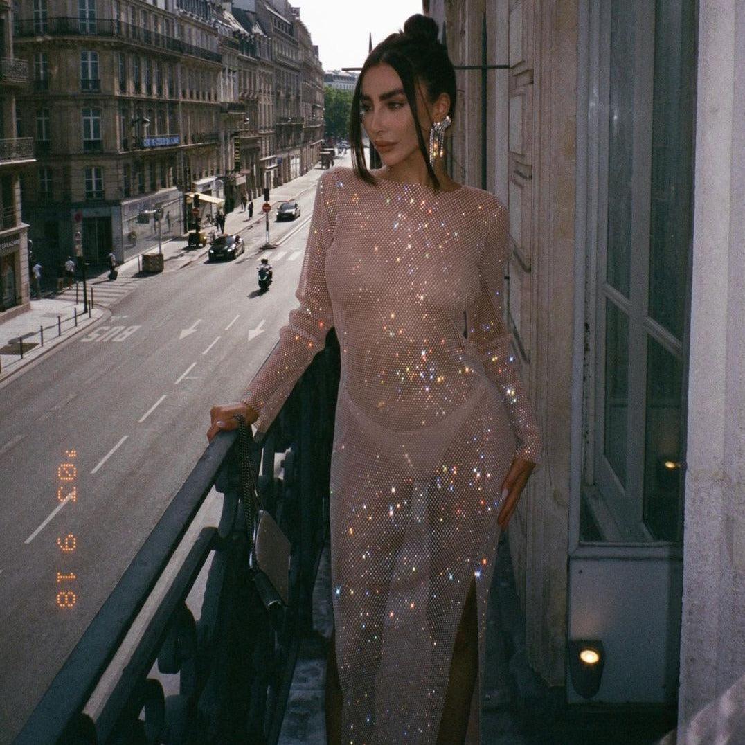 Diamond Dusk Beige Rhinestone Maxi Dress