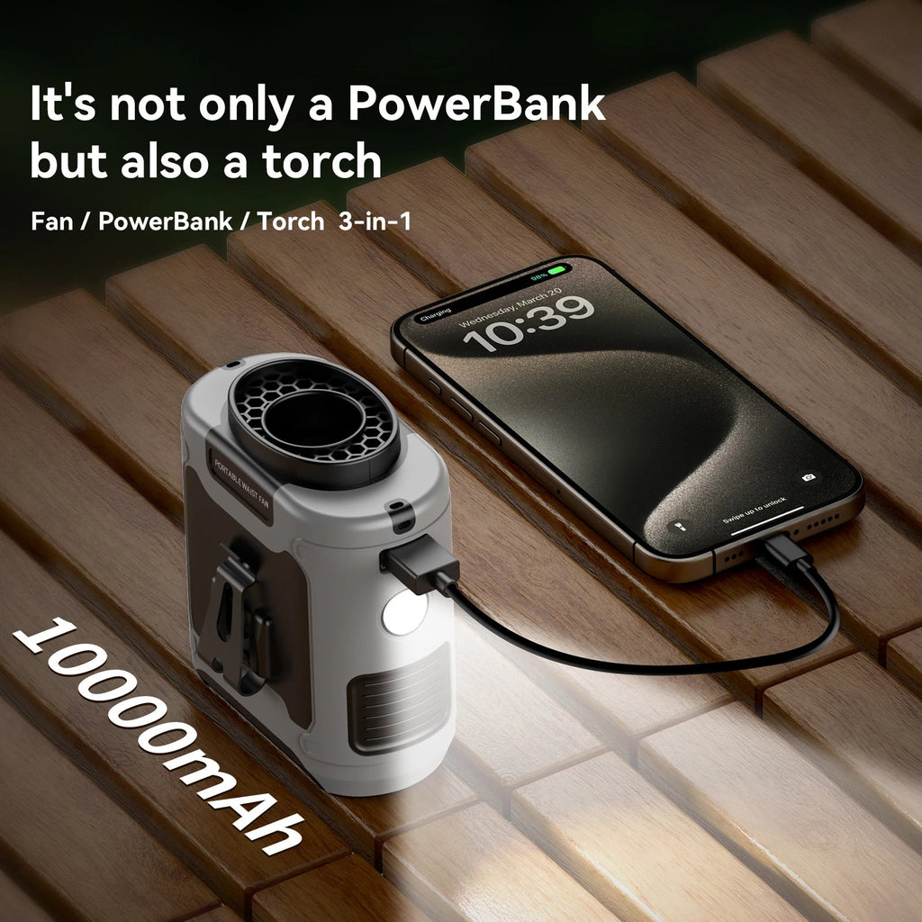Portable Waist Fan 6000mAH Rechargeable Clip Fan with LED Light Power Bank
