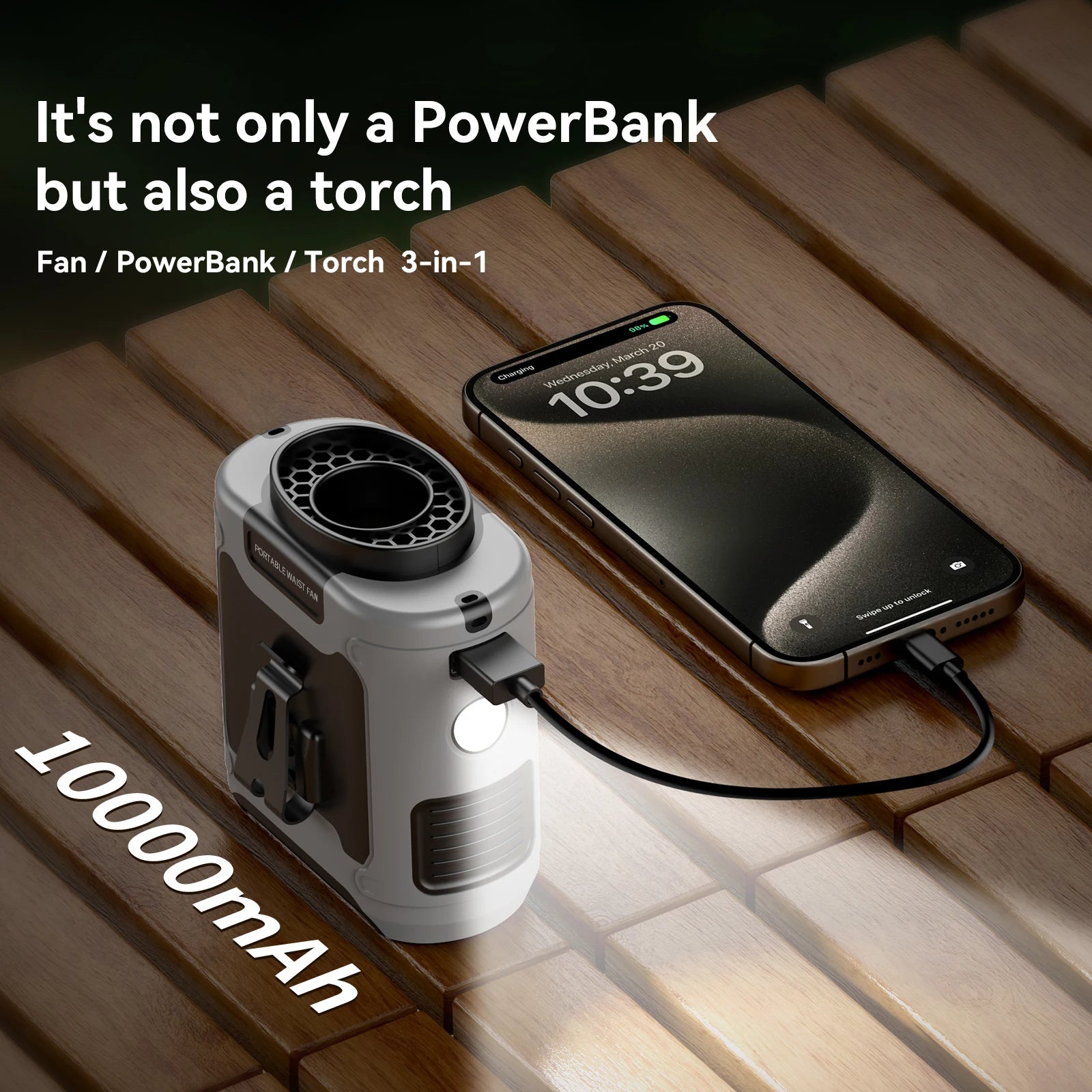 Portable Waist Fan 6000mAH Rechargeable Clip Fan with LED Light Power Bank