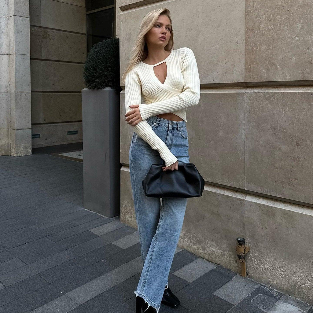 Drive You Crazy Ivory V-Neck Ribbed Sweater Chic