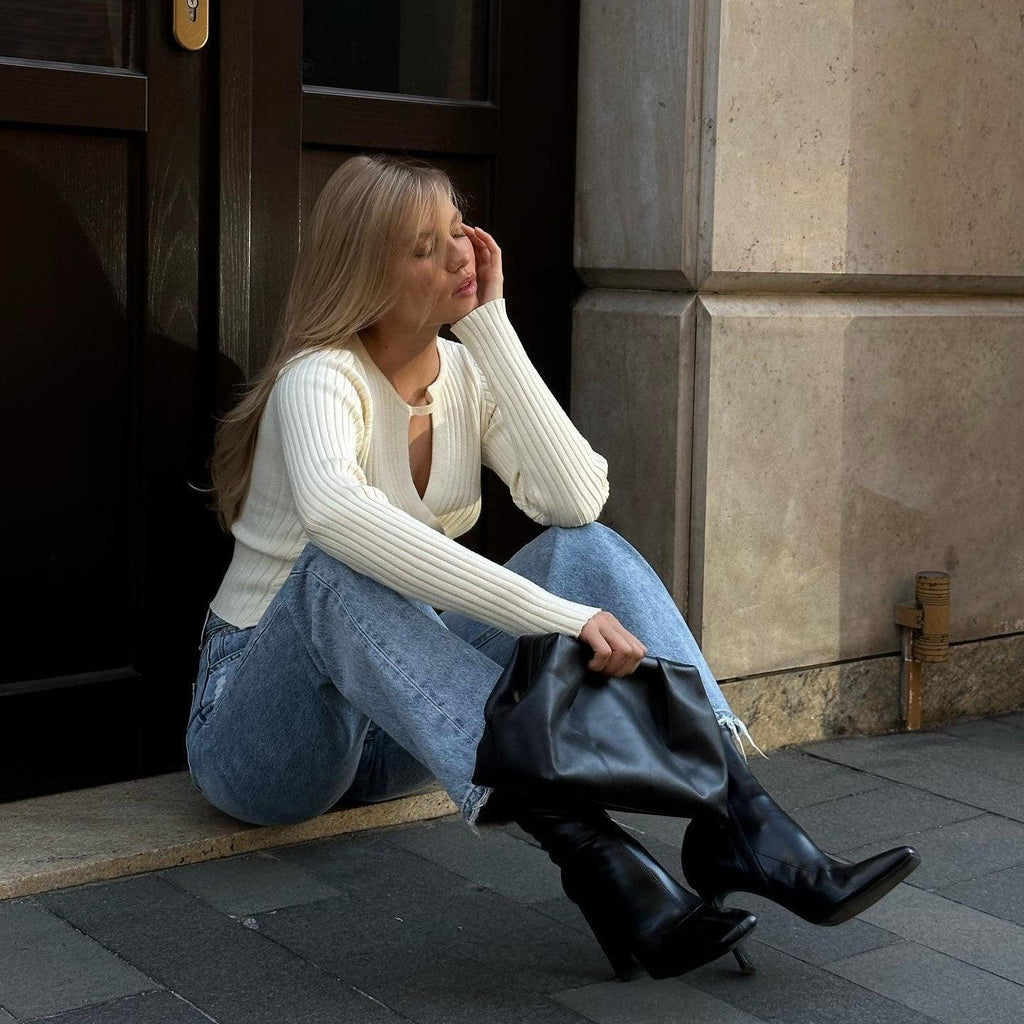 Drive You Crazy Ivory V-Neck Ribbed Sweater Chic