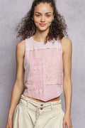 Ribbed Round Neck Cropped Tank with Lace Detail