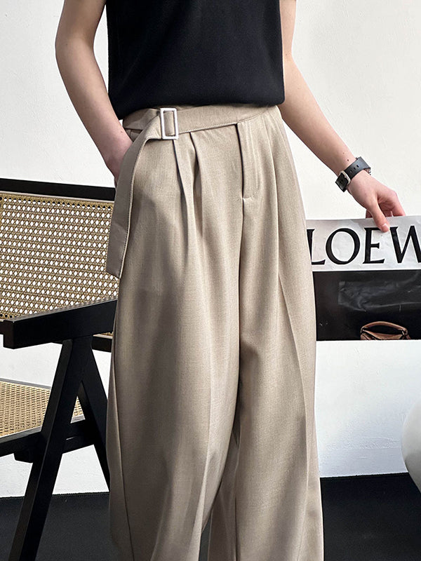 High Waisted Loose Belt Buckle Solid Color Suit Pants Trousers