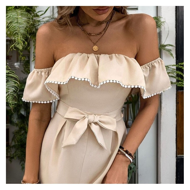 One-Shoulder Ruffle Detail Solid Color Jumpsuit