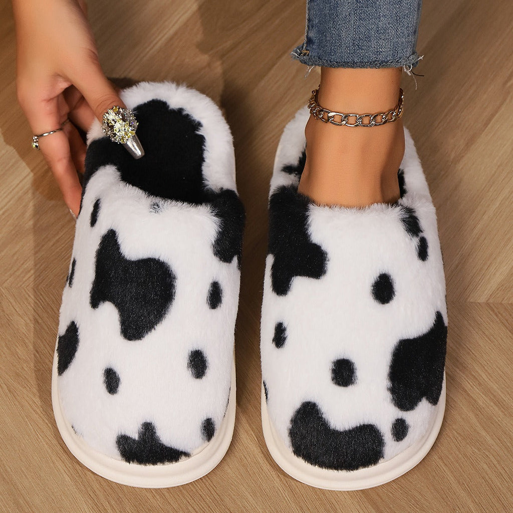 Cow Print Plush Slippers – Unisex Winter Slippers