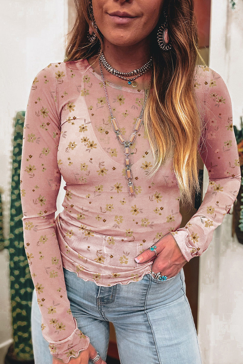 Pink Vintage Floral Print Southern Style Mesh Long Sleeve Top