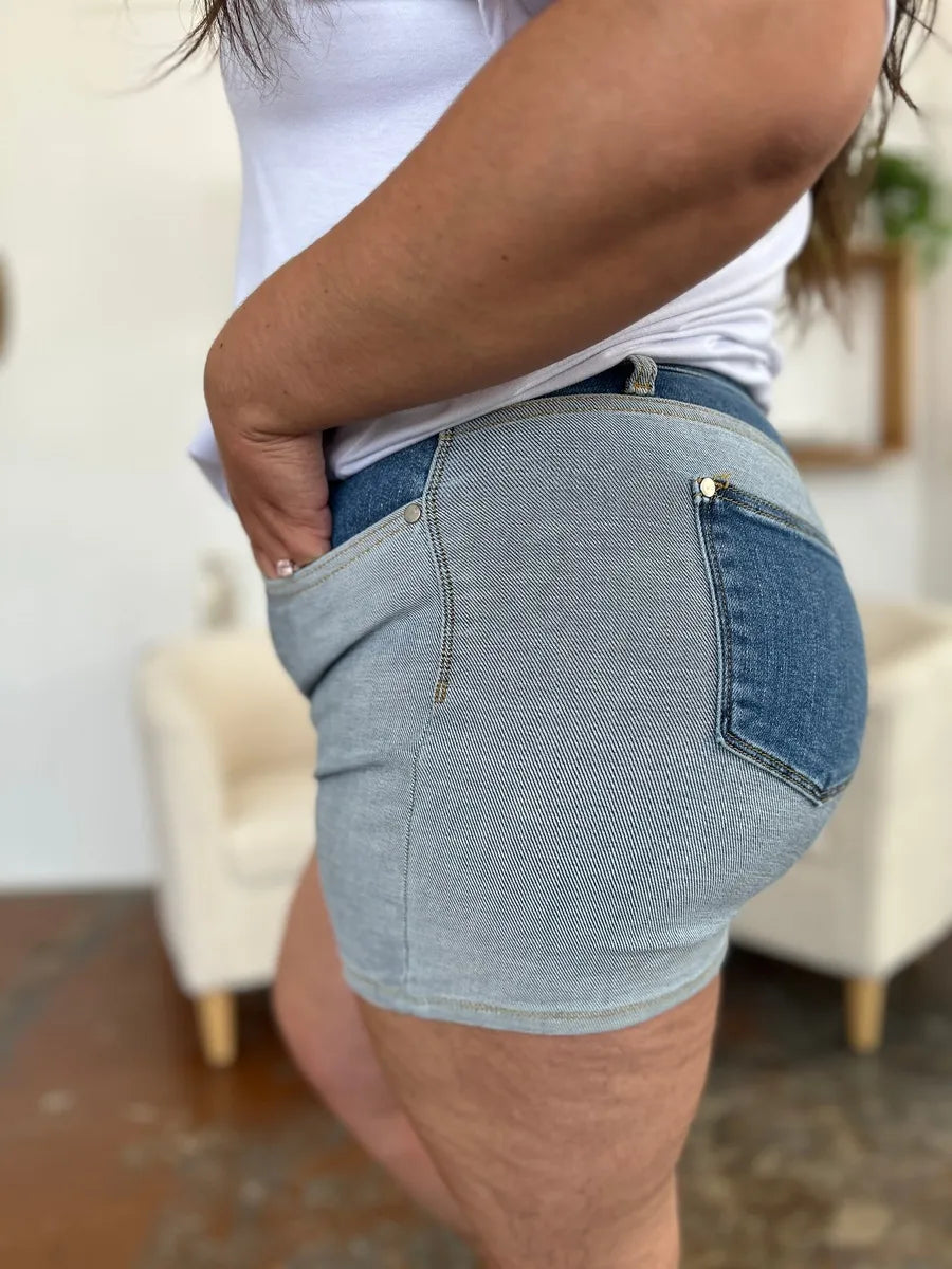 Full Size Color Block Denim Shorts
