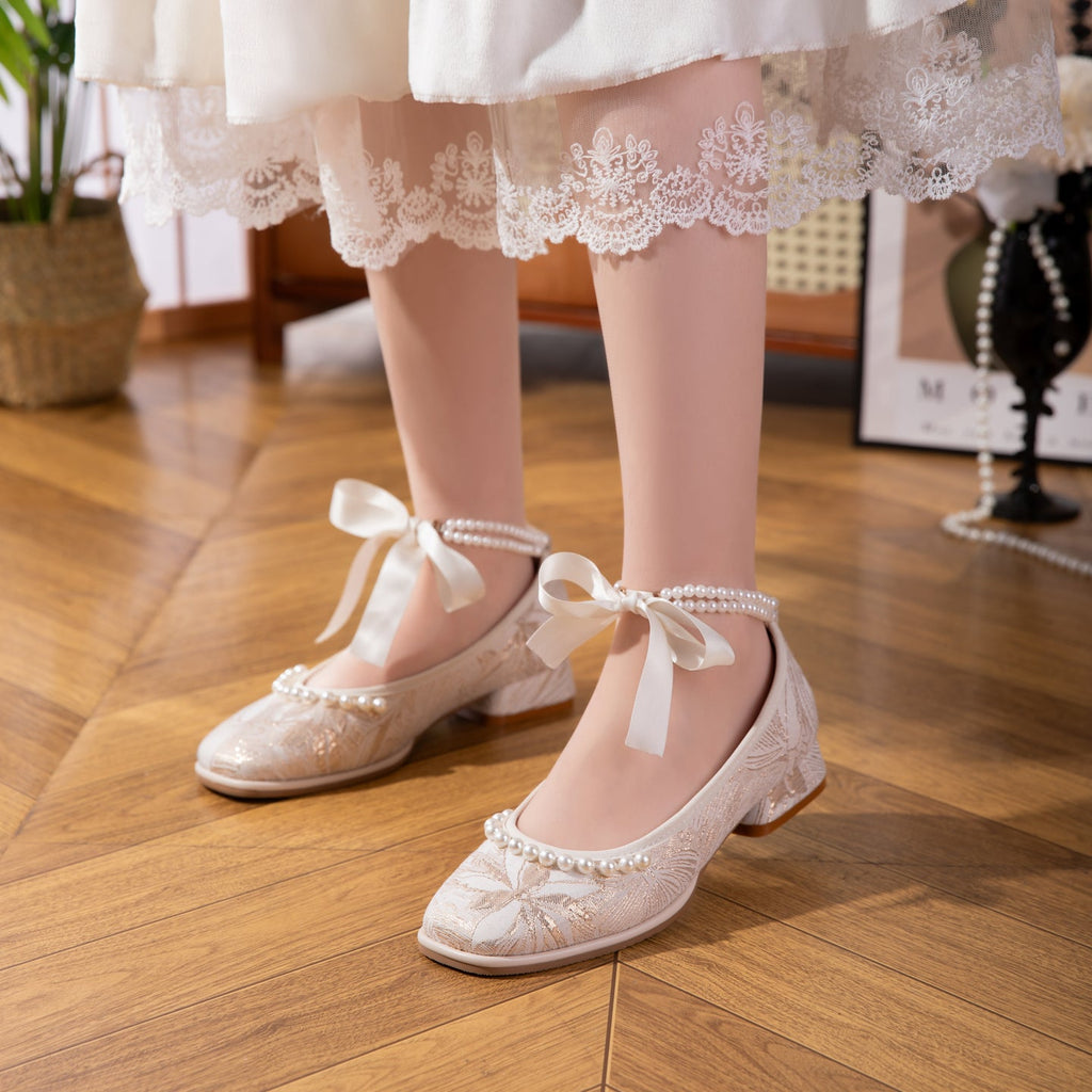 Women's Jacquard Mary Jane Low Heel Shoes | Pearl Ribbon Bow Square Toe Wedding Flats