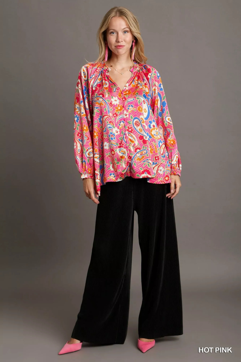 Full Size Satin Paisley Ruffle Neck Button-Up Shirt Plus Size