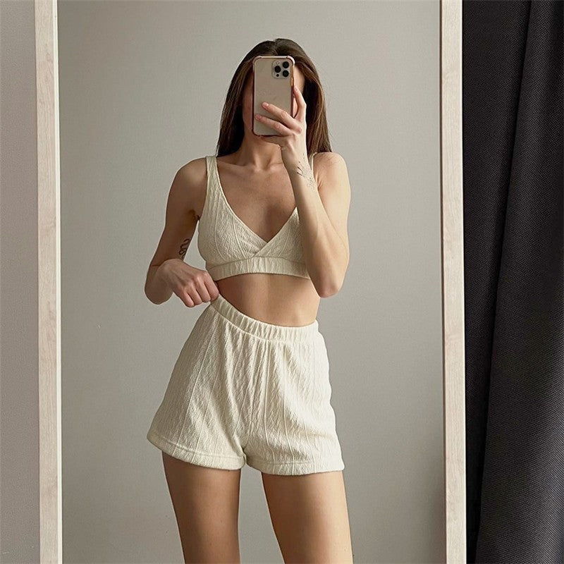 Knitted Bralette, Waist-Tied Cardigan, and Shorts Set - Solid Color Loungewear