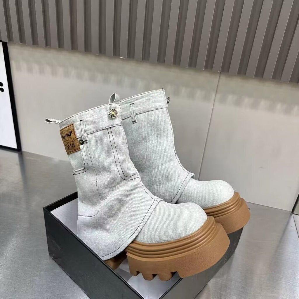 Women's Mid-Calf Chunky Heel Boots - Tassel Detail Side Zipper Round Toe Boots
