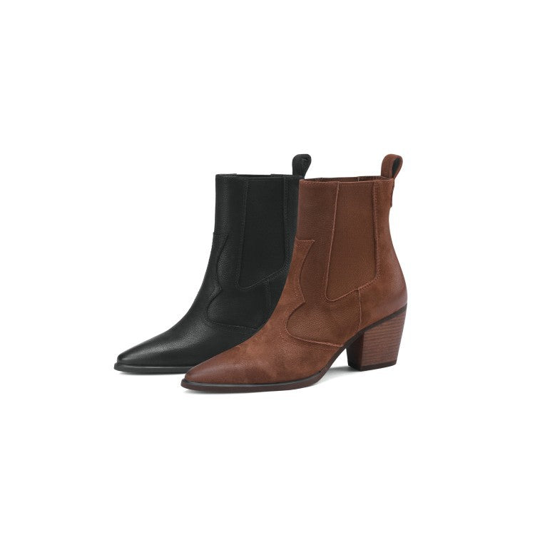 Women's Retro Pointed-Toe Ankle Boots with Elastic Band and Chunky Heel