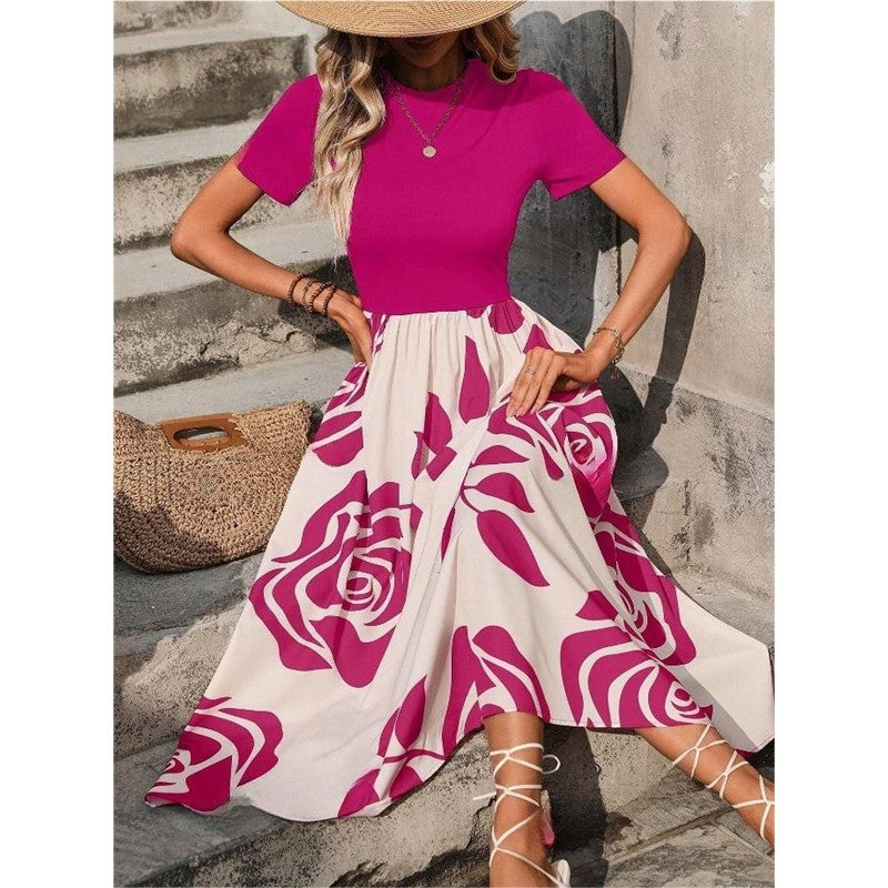 Crewneck Short Sleeve High Waisted Patchwork A-Line Maxi Dress