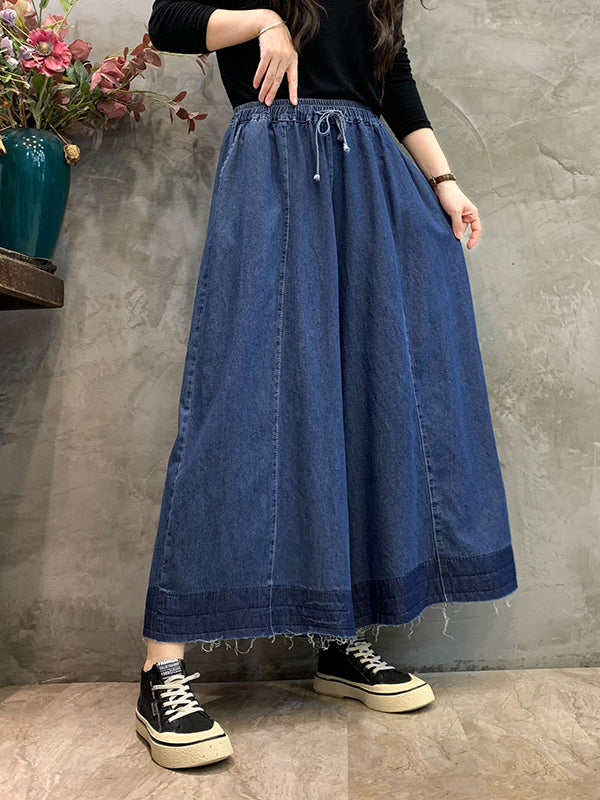 Loose Wide Leg Drawstring Elasticity Fringed Pockets Jean Pants Bottoms