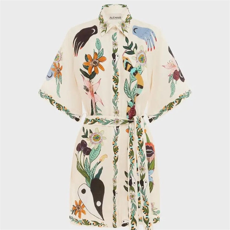 Floral Print Short Sleeve Dress with Ribbon Accent