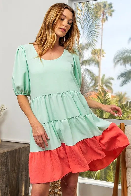 Two-Tone Balloon Sleeves U Neck Tiered Ruffle Hem Mini Dress