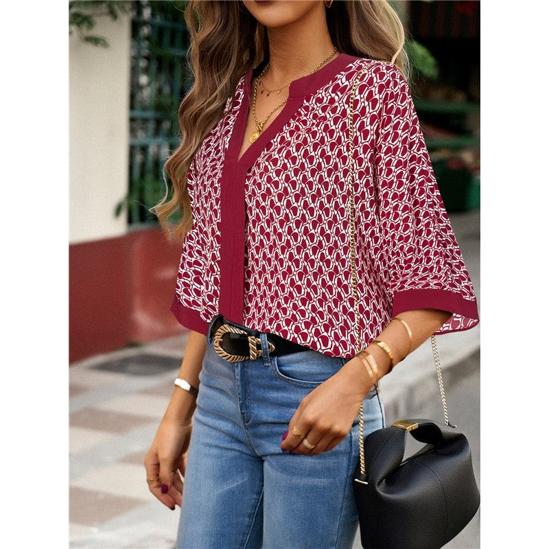 Contrast Color Half Sleeve Printing Pullover Blouse