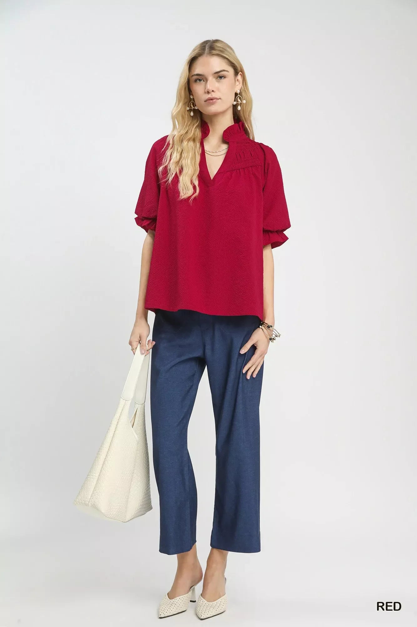 Textured Smocked Yoke Split-Neck Top