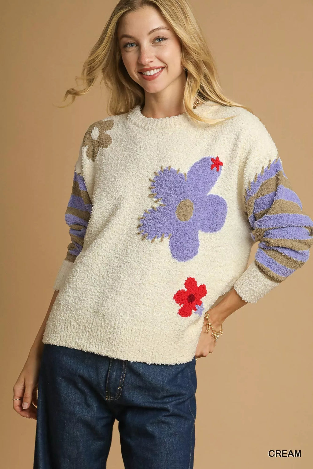 Flower Jacquard Striped Long Sleeve Sweater