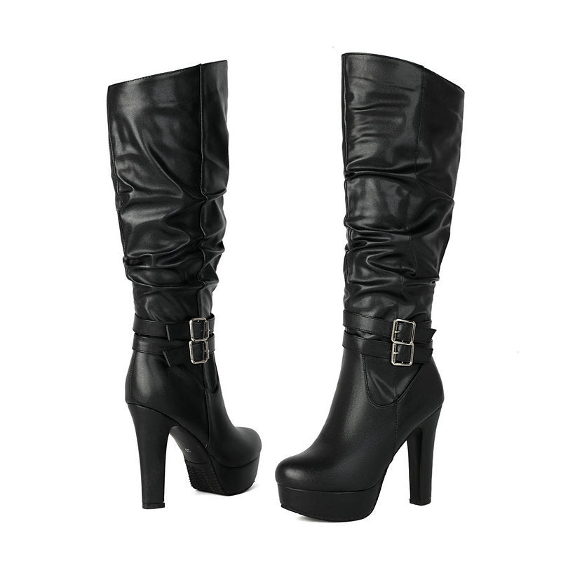 Women's Black Chunky Heel Over-the-Knee Boots - Waterproof Platform High Boots with Side Zipper