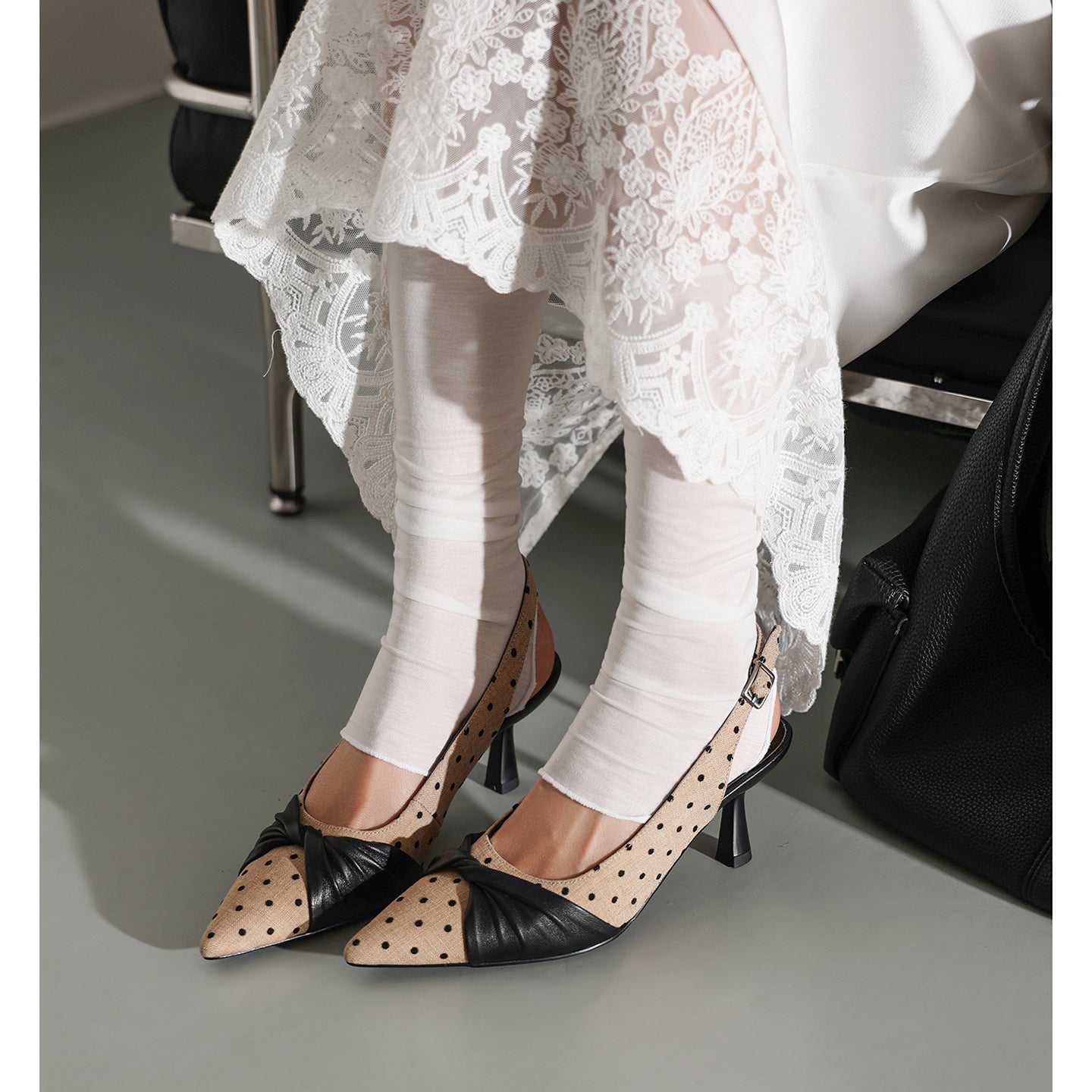 Women's Polka Dot Slingback Pumps | Pointed Toe Genuine Lambskin Heels