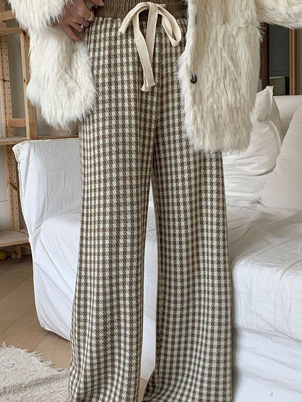 High Waisted Loose Drawstring Elasticity Plaid Pants Trousers