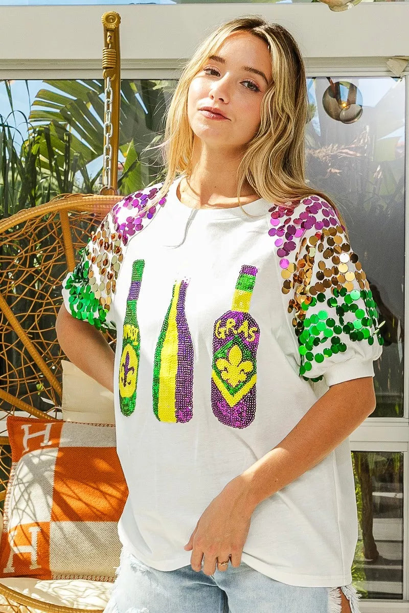 Sequin Mardi Gras Bottles Spangled Sleeve Top
