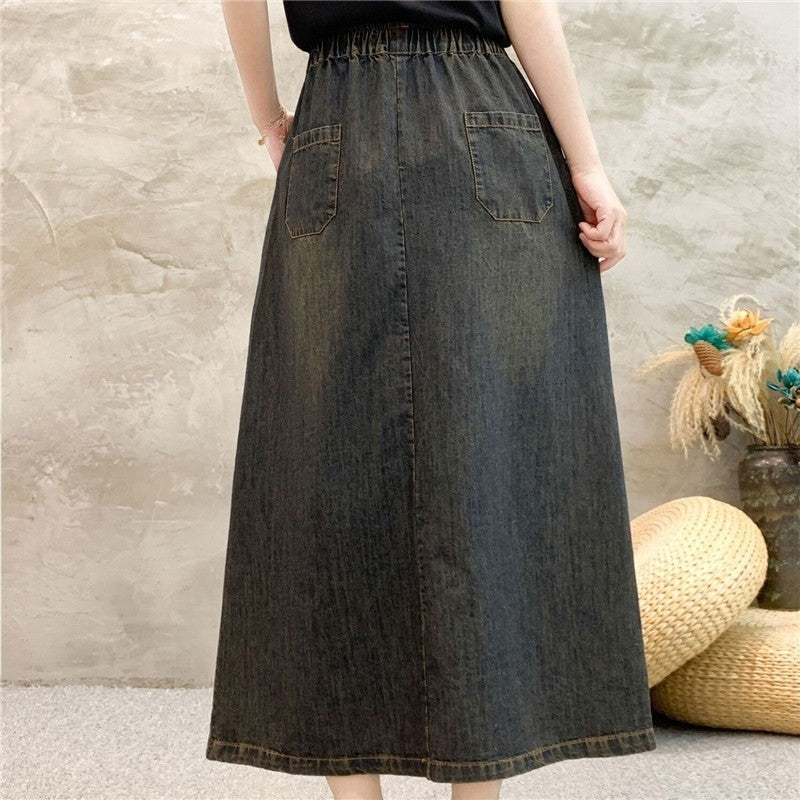 Embroidered Floral High-Waisted Denim Skirt