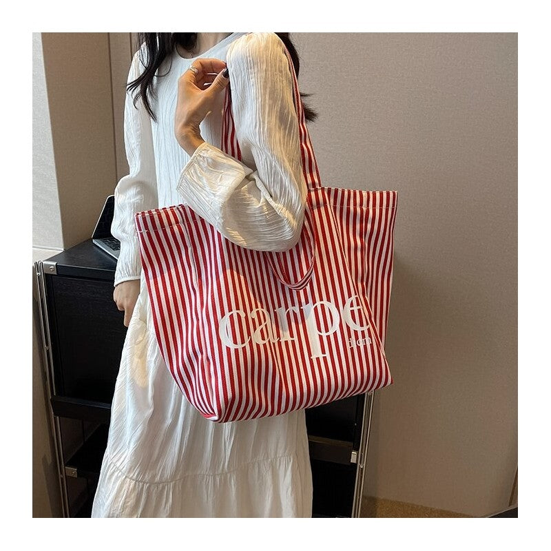 Striped Letter Canvas Tote Bag with Large Capacity