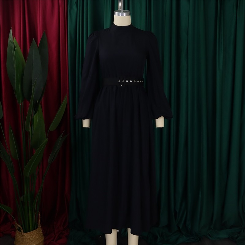 High Neck Seven-Sleeve Waist-Cinching Dress