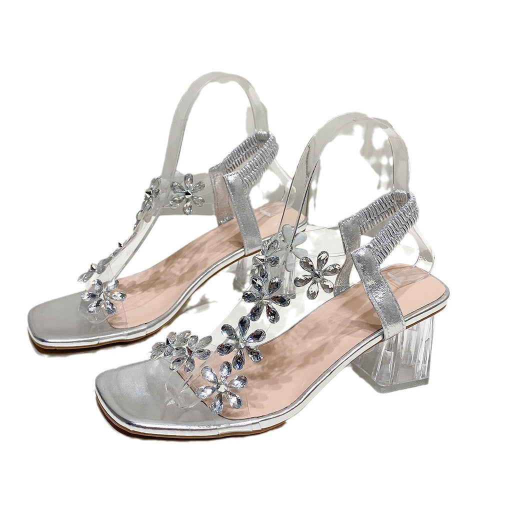 Women's Flower Transparent Square Heel Sandals | Summer Square Toe High Heels | Off-White Silver Gold Black | Sizes 35-42