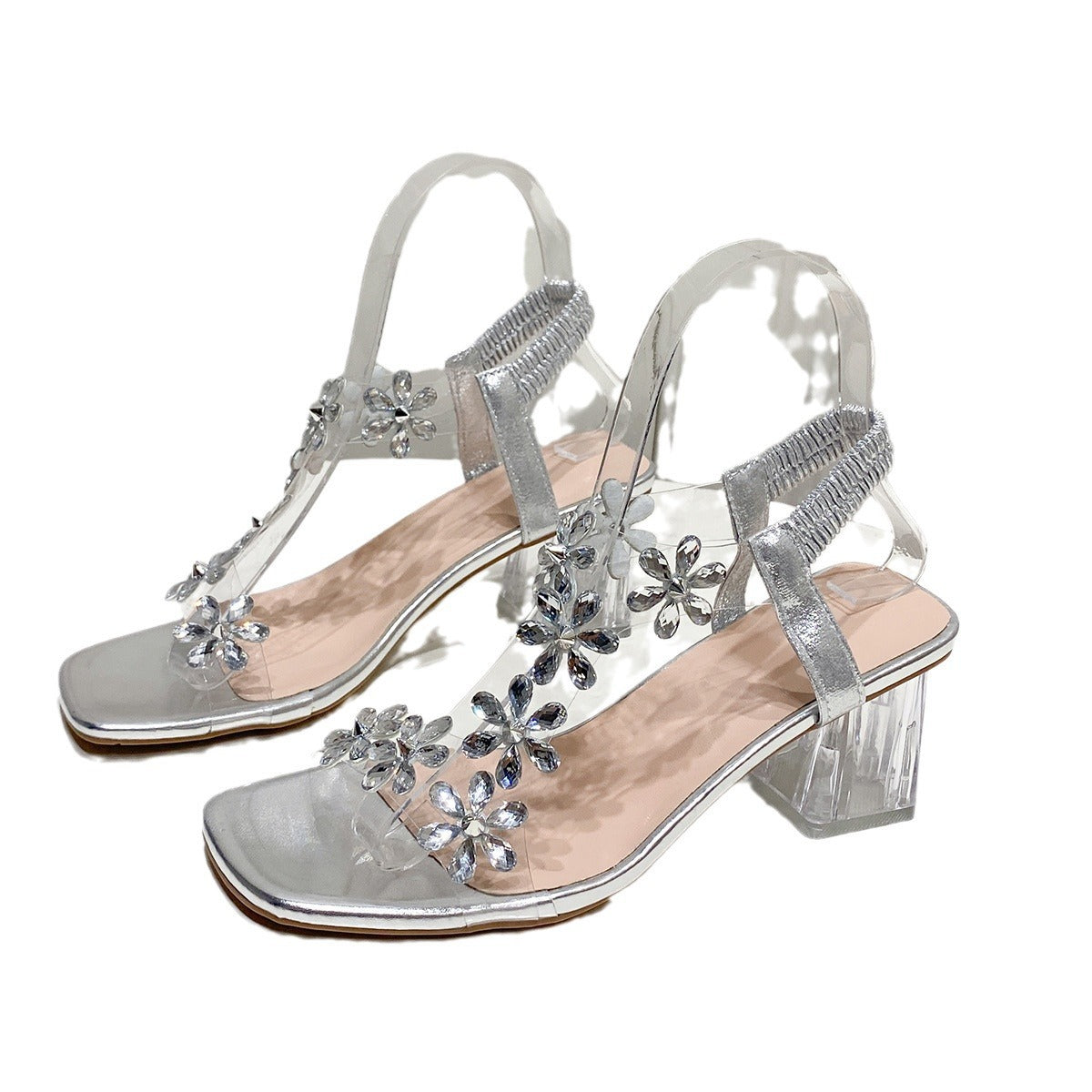 Women's Flower Transparent Square Heel Sandals | Summer Square Toe High Heels | Off-White Silver Gold Black | Sizes 35-42