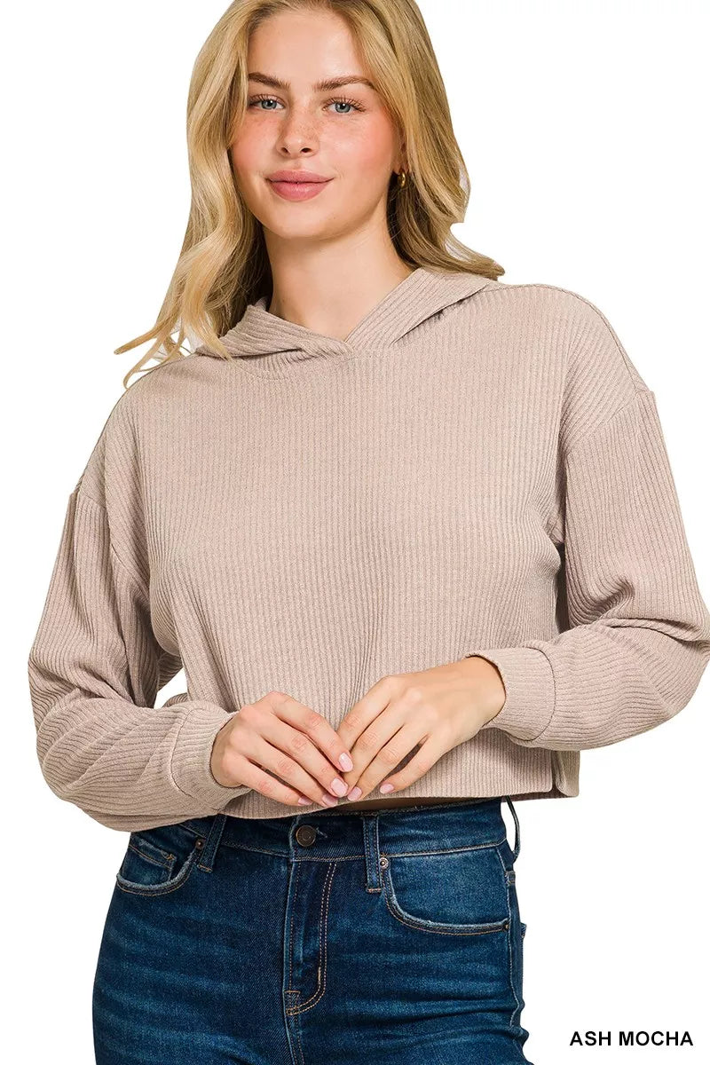 Drop Shoulder Ribbed Crop Hoodie