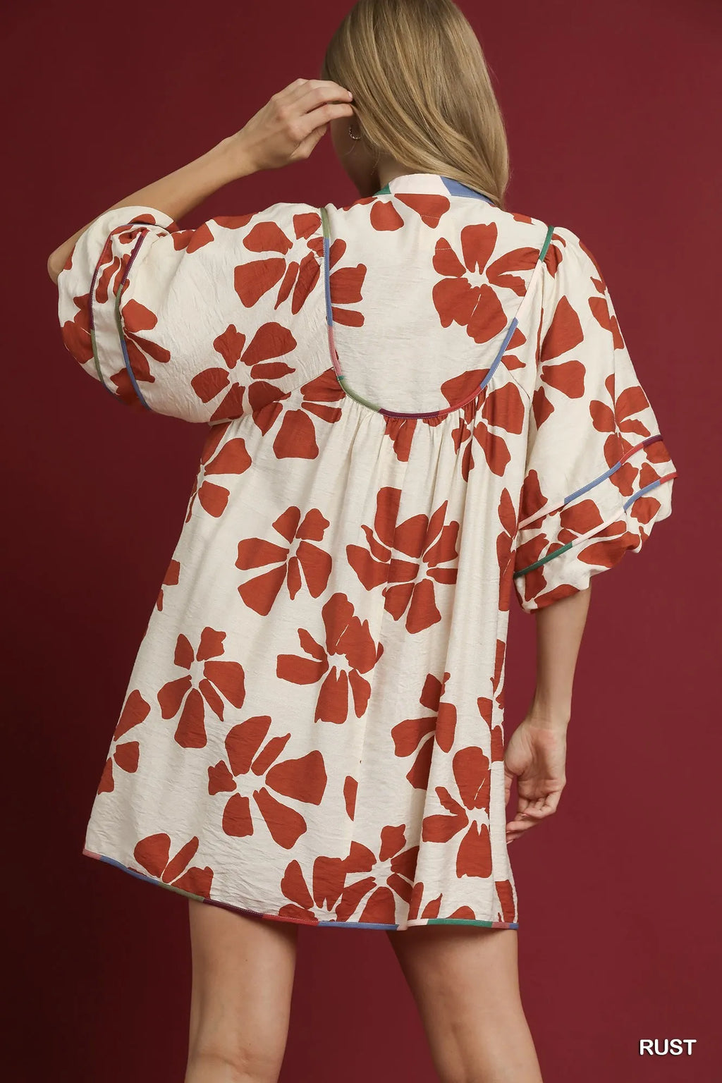 Two Tone Floral Tie-Neck Babydoll Dress