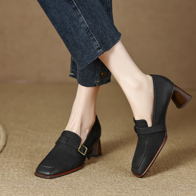 Women's Retro Chunky Heel Leather Shoes | British Style Round Toe Mid Heel Wool Leather Flats