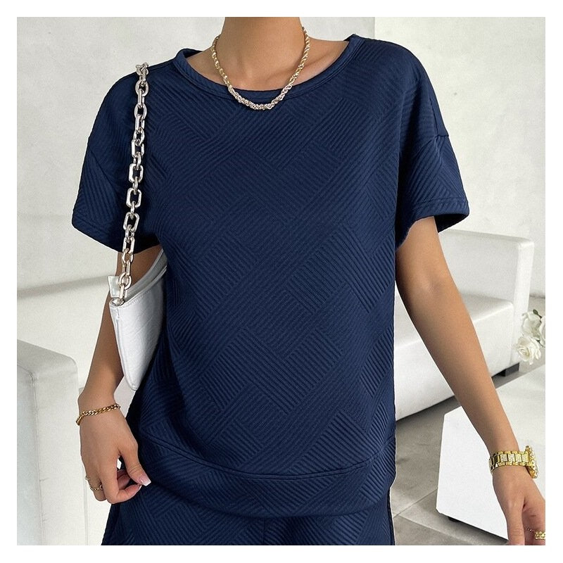 Knit Casual Round Neck Top and Shorts Ensemble