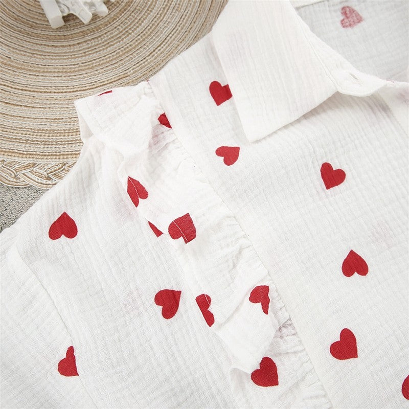 Heart Print Long Sleeve Lapel Single Breasted Top and Shorts Set - Cute Loungewear