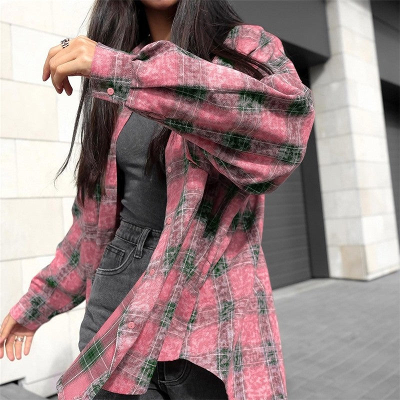 Relaxed Fit Plaid Long Sleeve Women's Shirt