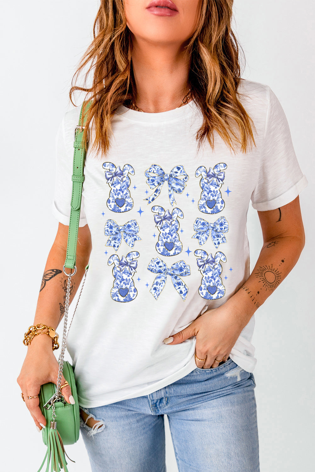 White Bowknot Bunny Graphic Easter Fashion T Shirt