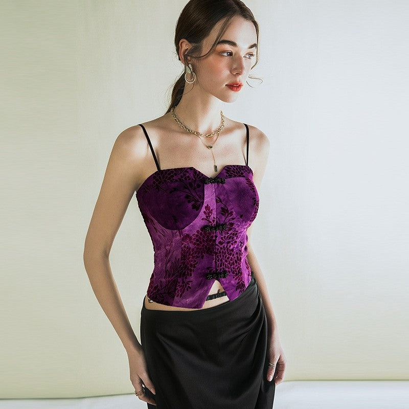 Sleek Embroidered Retro Vest with Spaghetti Straps