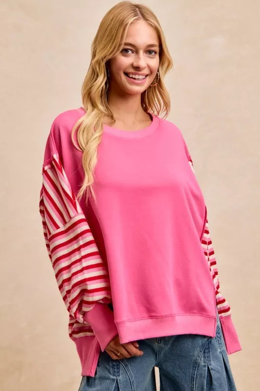 French Terry Stripe Combo Sweatshirt with Open Seam