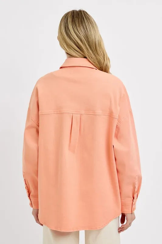 Full Size Button Down Long Sleeve Denim Shacket with Chest Pockets Plus Size