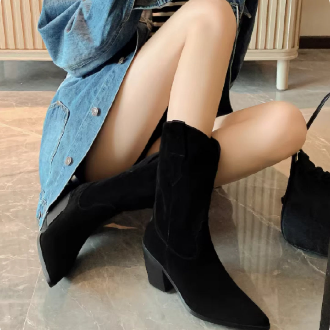 Women's Chunky High Heel Western Cowboy Boots – Pointed Toe Mid-Calf Knight Boots