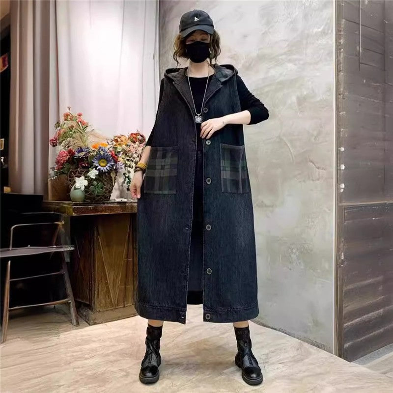 Vintage Hooded Patchwork Plaid Long Denim Vest