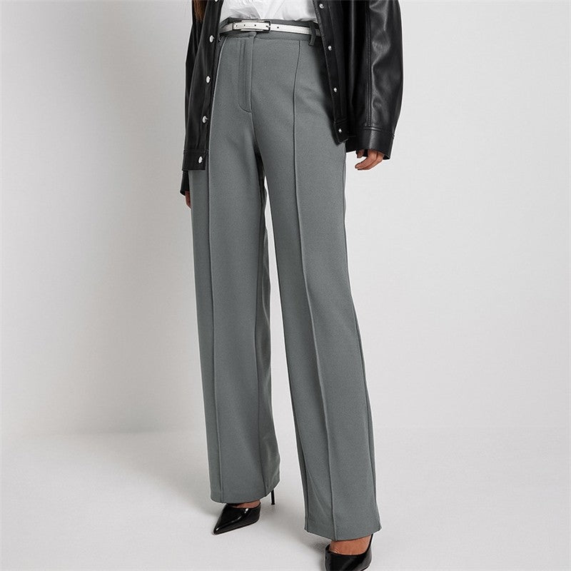 High-Waisted Solid Color Straight Leg Casual Pants