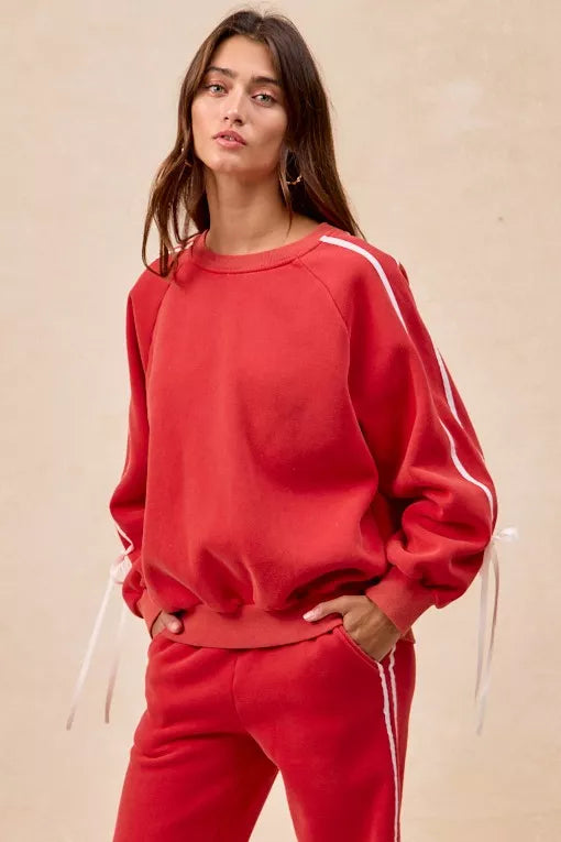 Side Lined Bow Details Fleece Sweatshirt