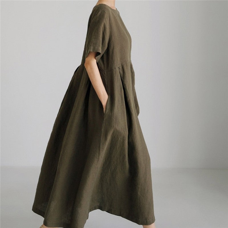 Loose-Fit Solid Color Plus Size Round Neck Long Dress