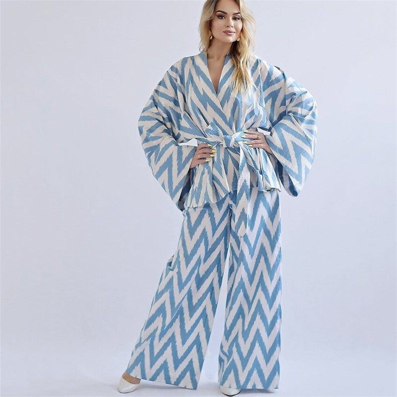 Floral Printed Long-Sleeve Top and Matching Long Pants Pajama Set