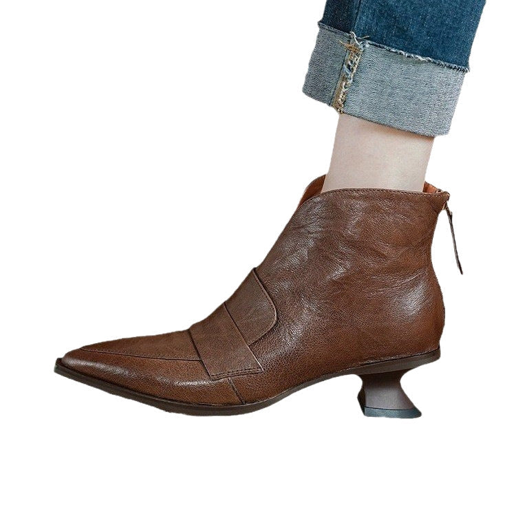 Women's French-Style Vintage Pointed-Toe Mid-Heel Ankle Boots | Back Zip | PU Leather