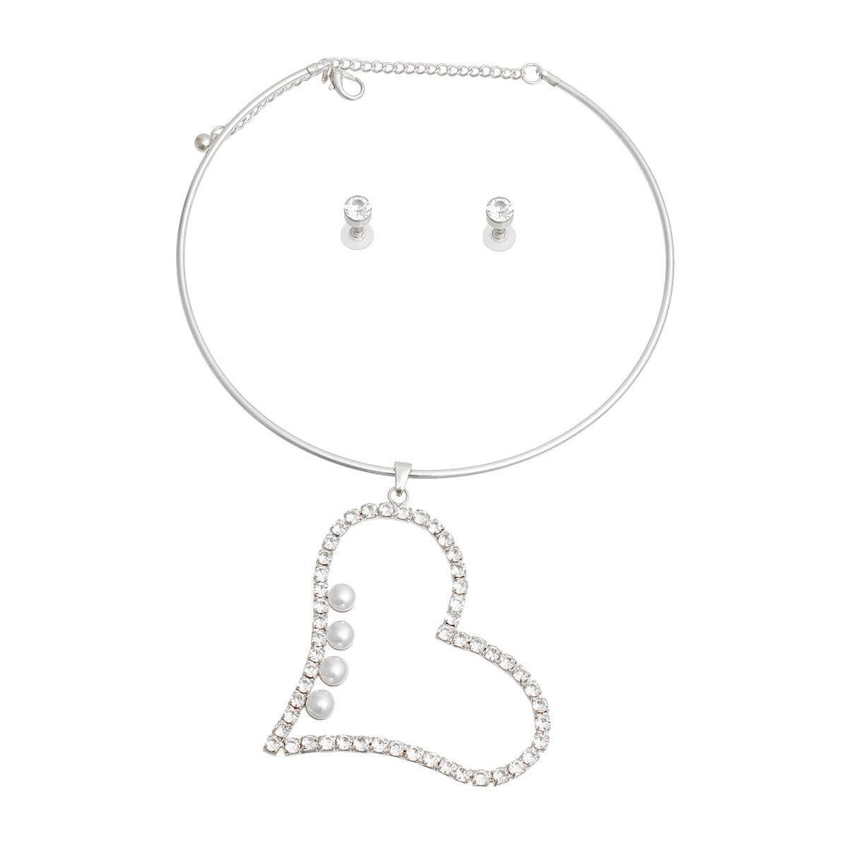 Silver Pearl Rhinestone Heart Choker